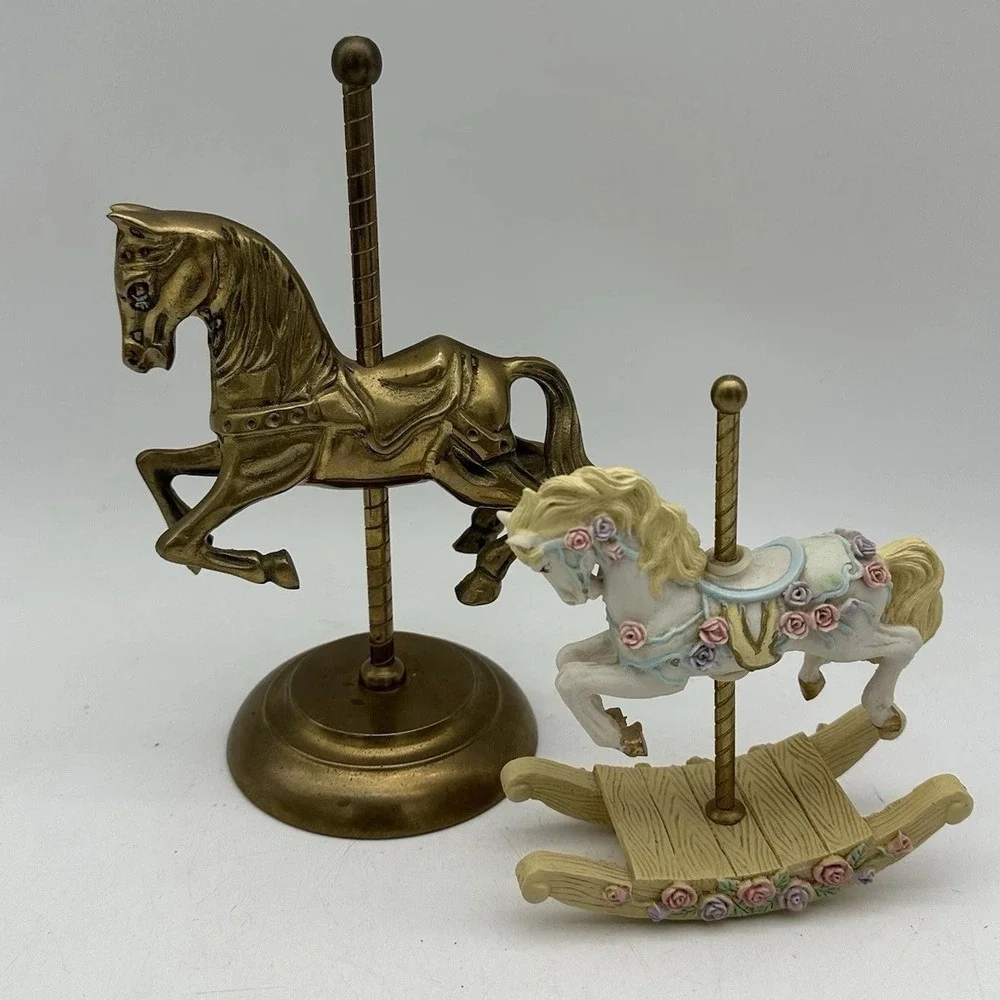 Lot Of 2 Vintage Carousel Horses Brass And Enamel Decor Kids Room